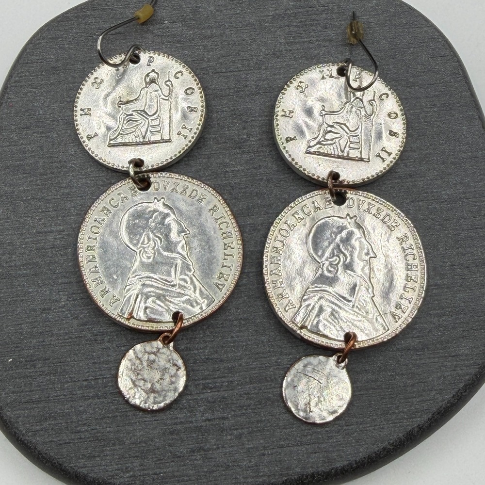 Maria Theresa Coin Style Silver Tone Triple Drop Dangle Statement Earrings Gift
